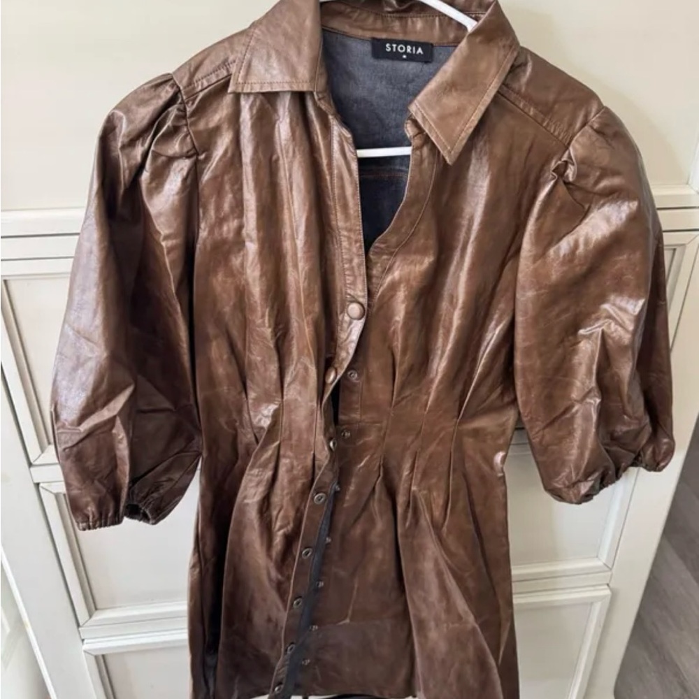 Storia Brown Faux Leather Button up Dress